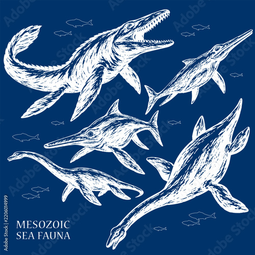 Mesozoic Sea Fauna Prehistoric Marine Reptiles Cyanotype Illustration. 