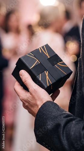 Man holding a luxury black gift box with gold patterns and black ribbon at an elegant evening party or wedding event