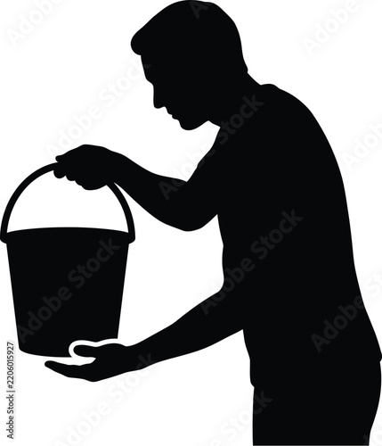 Detailed black silhouette vector illustration of a man holding and pouring water from a bucket