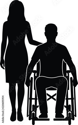 Black vector silhouette of a disabled man sitting on wheelchair with caregiver standing near him