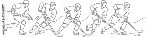 Continuous line art vector illustration of hockey players skating and stickhandling on ice