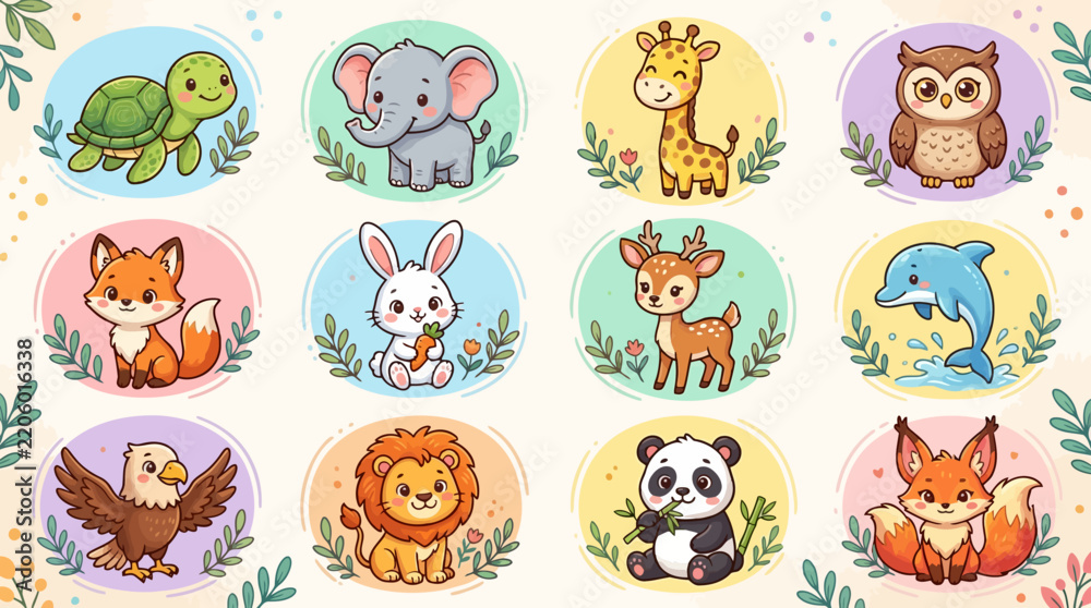 Obraz premium Set of cute cartoon animals in circular frames