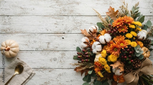 Autumn floral arrangement with vibrant orange and yellow blooms against a rustic wood background