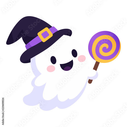 Cute ghost wearing a witch hat and holding a purple and yellow lollipop, flat design illustration for Halloween celebration and seasonal decoration.