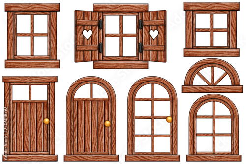 Watercolor wooden doors and window frames
