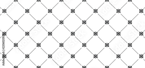 Minimalist seamless pattern featuring fine black snowflakes connected by dotted diamond grid lines on a white background. Perfect for modern winter holiday designs, packaging, and wallpaper.
