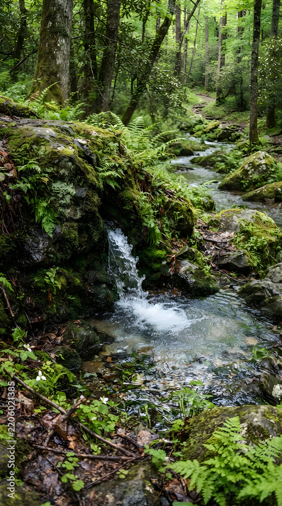 Fototapeta premium Forest stream with mossy rocks and ferns natural landscape