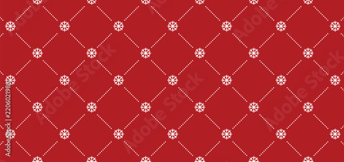Classic red seamless Christmas pattern with white snowflakes arranged in a dotted diamond grid. Elegant winter vector background for holiday promotional materials, wrapping paper, and banners.