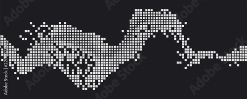 Pixel disintegration background. Decay effect. Dispersed dotted pattern. Concept of disintegration. Set pixel mosaic textures with simple square particles. Vector illustration on black background.