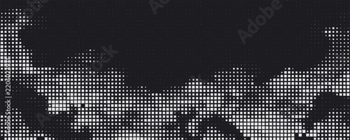Pixel disintegration background. Decay effect. Dispersed dotted pattern. Concept of disintegration. Set pixel mosaic textures with simple square particles. Vector illustration on black background.