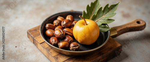 Retro scale with hazelnuts and plum flat lay for food blogs, baking websites, clip art, stationery, vintage kitchen education, and autumn harvest presentations