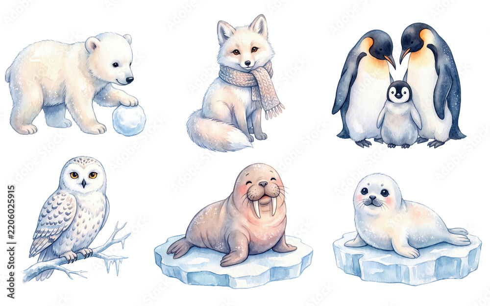 Obraz premium Watercolor arctic animals set on transparent background polar bear fox
