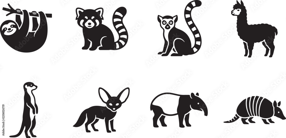 Fototapeta premium Exotic wild animals silhouette set featuring sloth red panda lemur llama meerkat and armadillo.