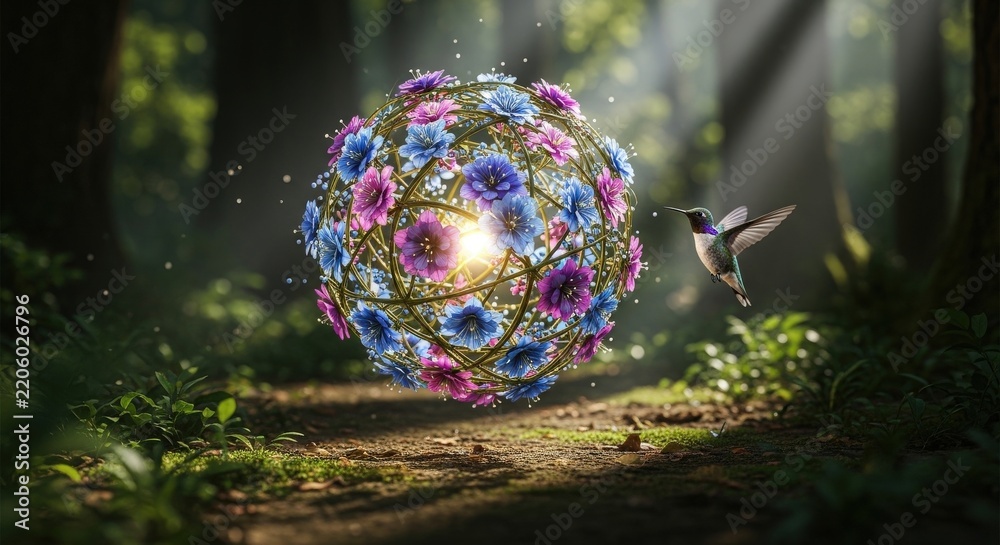 Obraz premium A luminous floral sphere hovers in a sunlit forest with a hummingbird in flight, creating a magical and surreal digital art scene that blends nature with fantasy elements in a serene woodland setting.