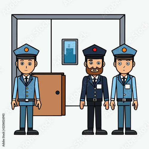 A modern security room with vigilant guards monitoring surveillance screens, checking access points, and ensuring safety around the building with professional attention.

