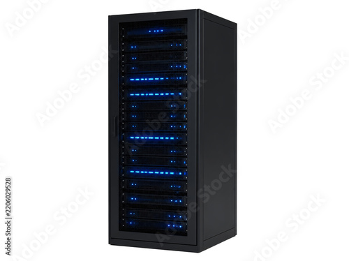 Black server rack with glowing blue lights isolated on transparent background