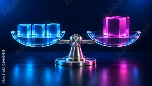 3D Render of Futuristic Scale Balancing Three Small Blue Cubes and One Large Pink Cube