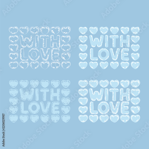 Set with blue bubble hearts, wrapping with bubble wrap, lettering with love. Colored vector background.