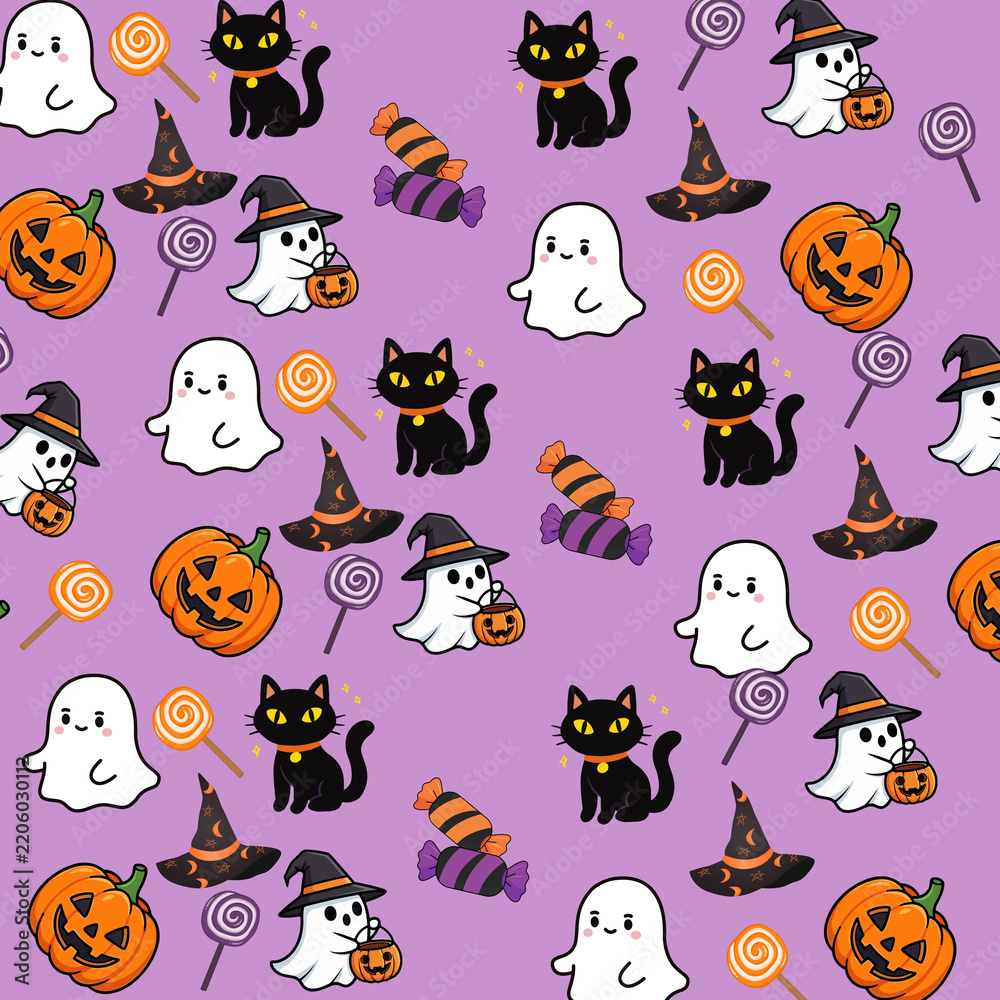 Obraz premium Cute Halloween seamless pattern with ghosts, pumpkins, bats, and candy corn on black background