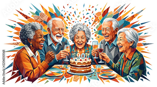 Happy Senior Group Celebrating 90th Birthday with Cake and Toast