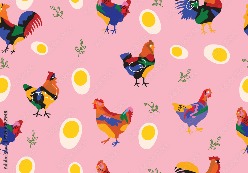 Obraz premium Seamless pattern with various rustic farm chickens, hens, leaves, and floral elements in vintage hand drawn style vector illustration background. Ideal for textile, fabric, wallpaper, fashion, nursery