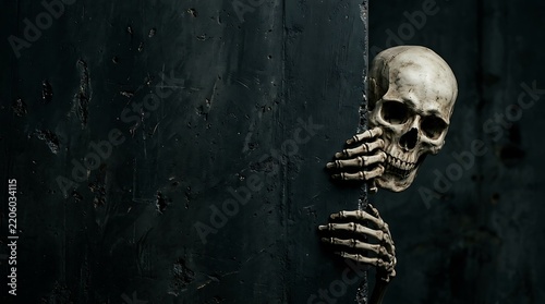 Human skeleton peeking around dark corner with spooky bony hands and eerie skull grin creating horror atmosphere for halloween seasonal celebration design projects and scary background graphics