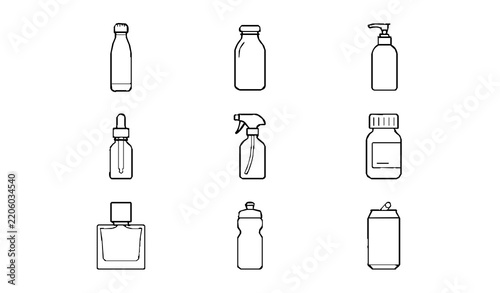 Bottle Packaging Product Outline Symbols Vector Pictogram Kit