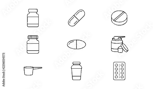Supplement Vitamin Capsule Outline Pictogram Icon Set Vector