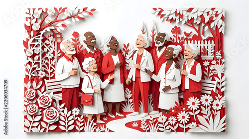 Vibrant Red White Elderly Group Gathering in Paper Cut Garden