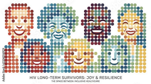 Colorful Dot Portraits of Diverse HIV Long Term Survivors Joyful Group