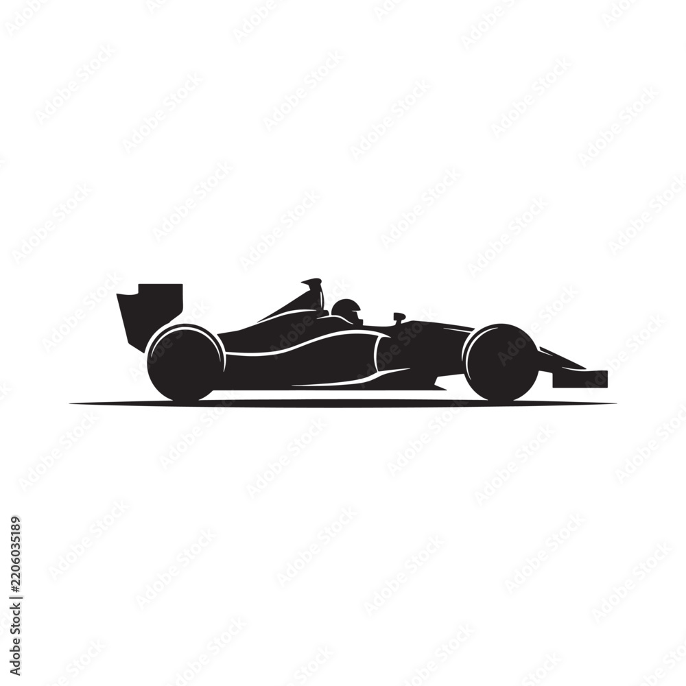 Obraz premium Formula race car silhouette with driver black flat icon
