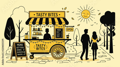 A charming yellow food cart named tasty bites parked in a sunny park with a couple walking by, illustrated in a clean, flat vector style