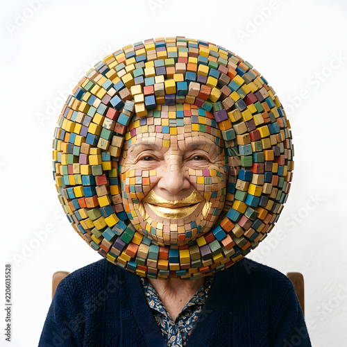 Colorful Mosaic Headpiece Worn by Elderly Woman