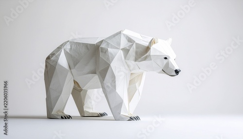 Minimalist low poly geometric polar bear sculpture isolated on white background.