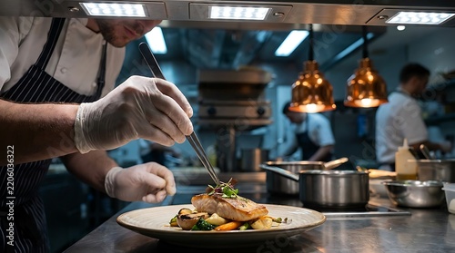 Professional chef carefully garnishing exquisite gourmet fish dish with tiny fresh herbs inside busy restaurant commercial kitchen