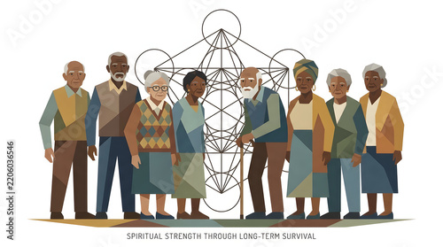Diverse Elderly Group Standing Together in Front of Geometric Structure