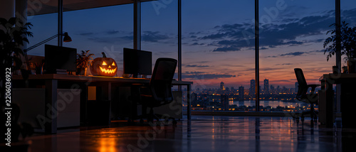 A glowing carved pumpkin sits on a desk in a quiet office at dusk, while floor to ceiling windows reveal an orange and blue city skyline, casting reflections across the dark floor in a seasonal scene