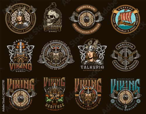 Viking-themed emblems and logos in intricate