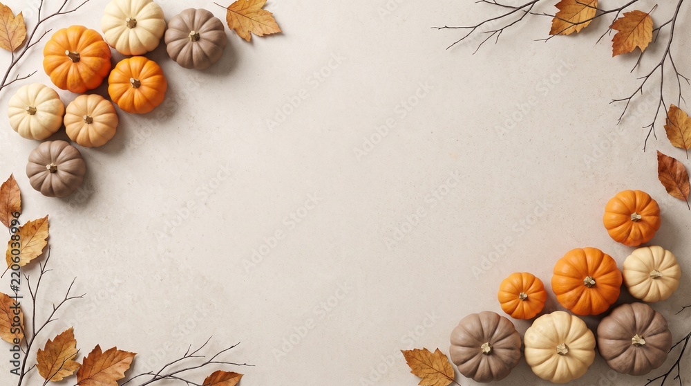 Obraz premium A beautiful autumnal border featuring a collection of small pumpkins and assorted delicate foliage against a soft neutral beige backdrop