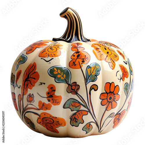 The image features a decorative ceramic pumpkin with a smooth, rounded shape and a prominent stem