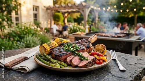 Sliced ribeye steak with grilled corn and asparagus rests on a plate in a garden setting