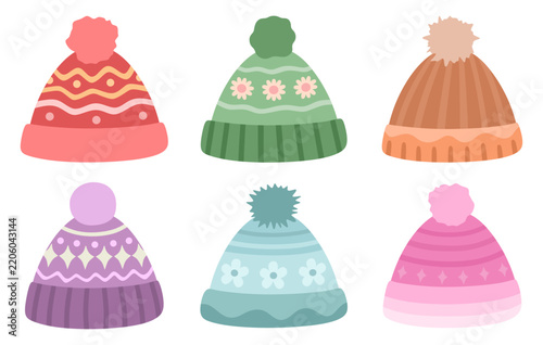 Colorful Winter Beanie Hats Collection with Knitted Patterns and Pom Poms 
