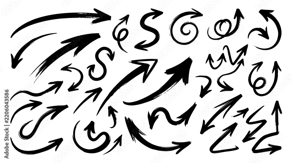 Fototapeta premium Hand drawn ink brush arrows collection for design elements and annotation