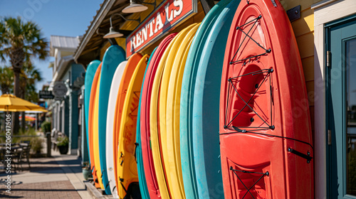 Closeup of rentals sign with colorful kayak and surfboard boats in city town village on Harbor Boardwalk in Florida panhandle gulf of mexico 