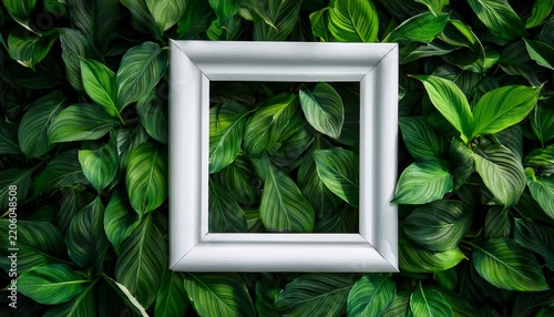 white picture frame nestled in vibrant green leaves empty space