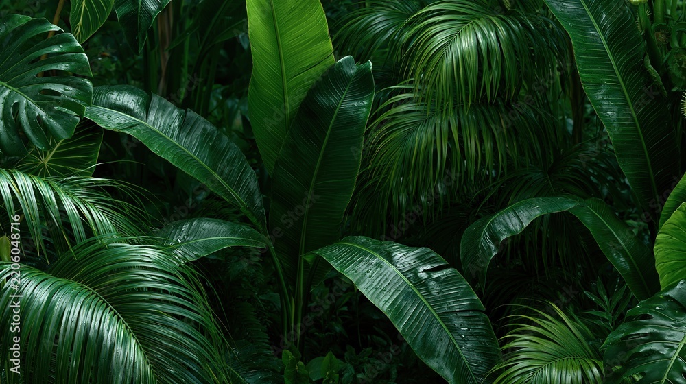Obraz premium Lush dark green tropical leaves with water droplets dense jungle foliage natural background fresh wet plant leaves after rain