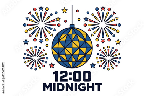 Disco ball with colorful fireworks for a happy new year midnight celebration