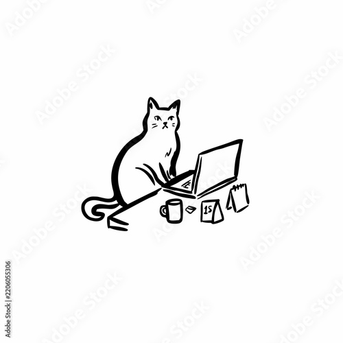 Cat working on laptop illustration isolated on transparent background