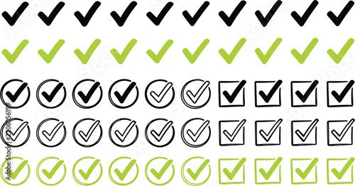 Check Mark Icon Set Hand Drawn Black and Green Checkmarks Circle and Square Checkbox Tick Symbols Vector Collection for Approval Design