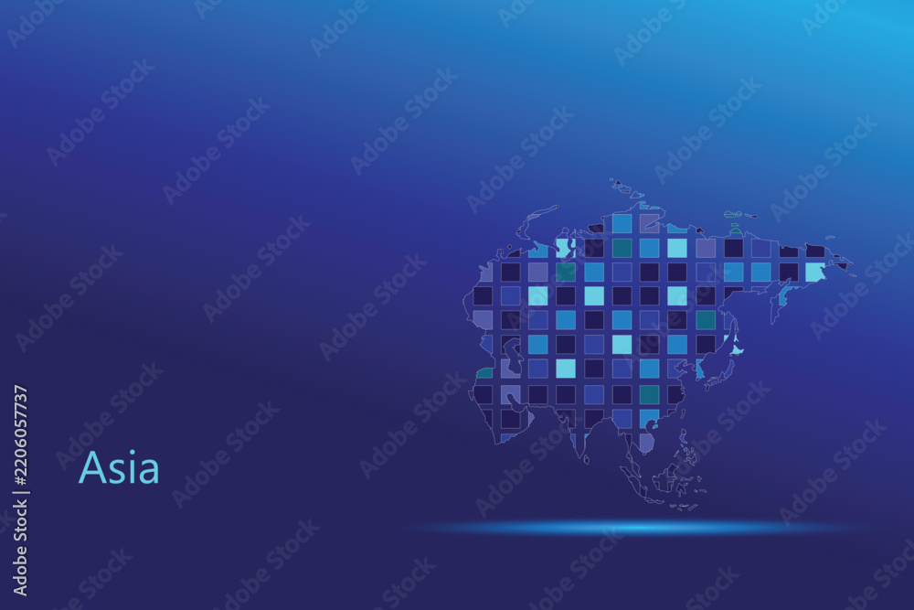 Obraz premium Digital Pixel Mosaic Asia Continent Map Vector for Tech Design